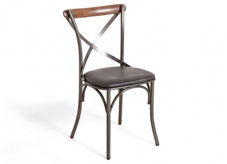 Chaise Eiffel métal avec assise en cuir noir et dossier en bois