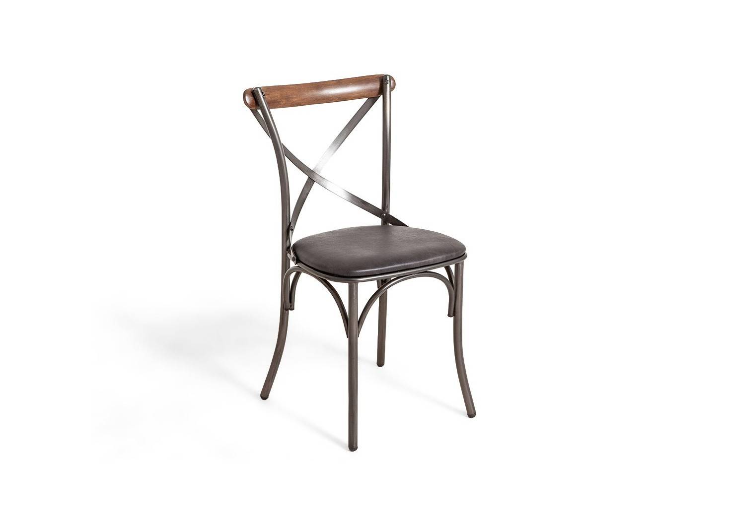 Chaise Eiffel métal avec assise en cuir noir et dossier en bois
