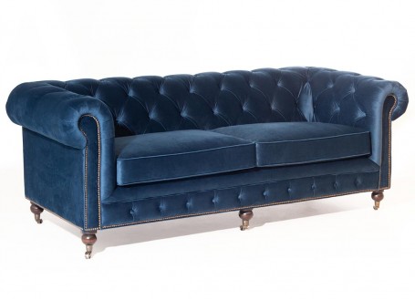 Canapé Chesterfield en velours bleu - 2m21 / 3 places