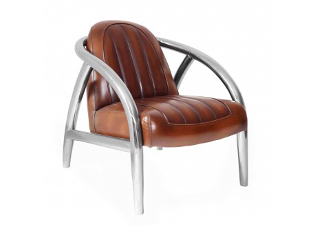 Club armchair in inox and brown leather