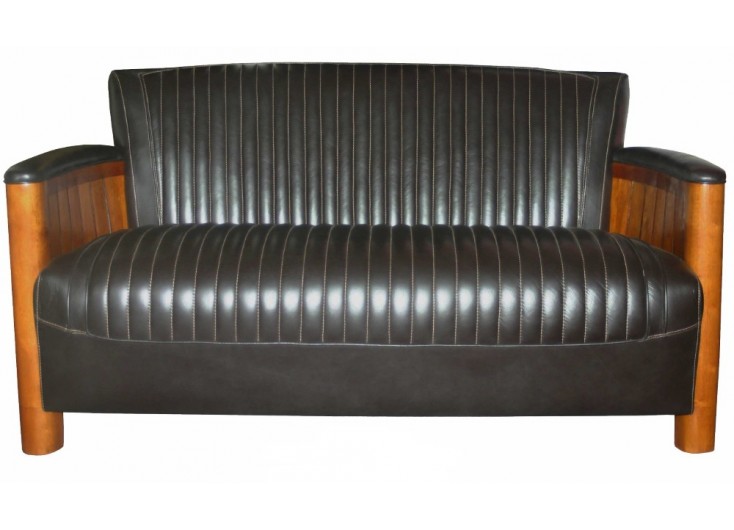 Nautical marine sofa - Dark brown leather and wood