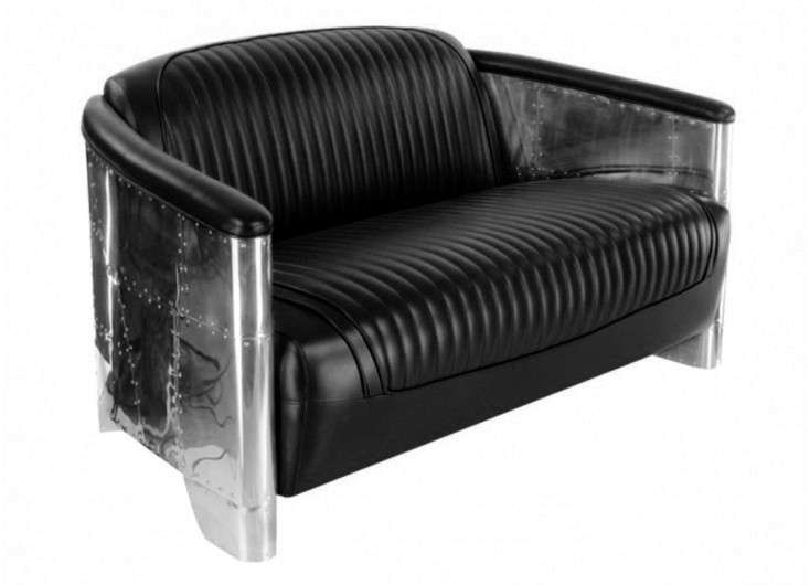 Black aviator settee - leather and aluminium 