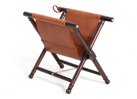 Exotic vintage safari magazine rack in mahogany wood and leather