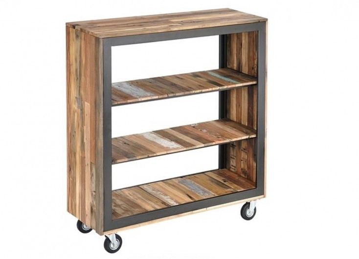 Etagère cube en bois recyclé, 3 tablettes, sur roulettes