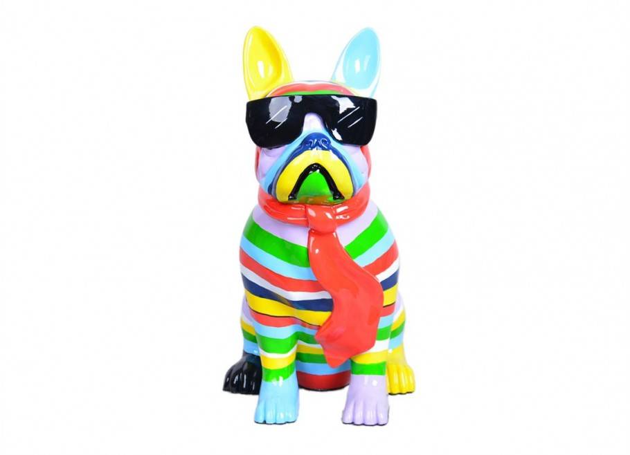 Chien Bouledogue avec cravate et lunettes. Statue en résine 