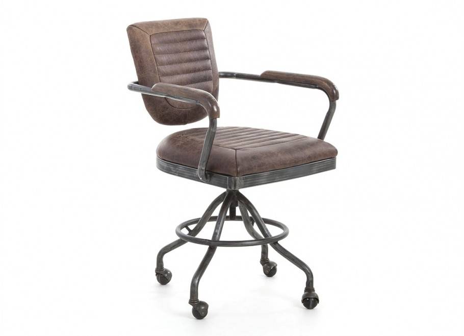 Fauteuil de bureau cuir marron vintage et metal - H84 cm