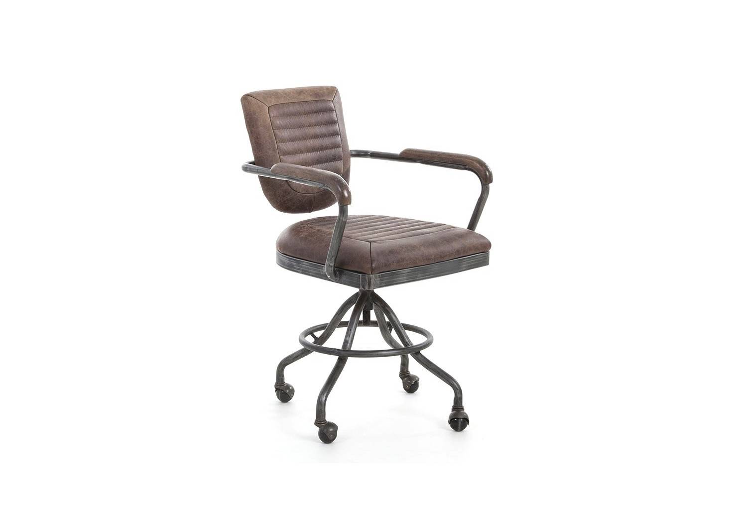 Fauteuil de bureau cuir marron vintage et metal - H84 cm