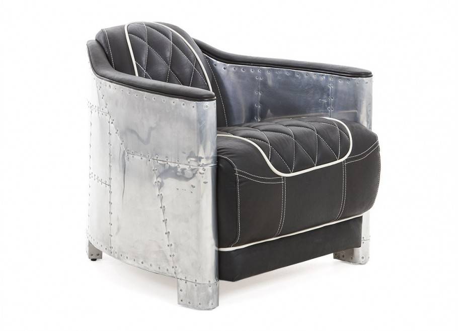 Club armchair Aero - Black leather and aluminium