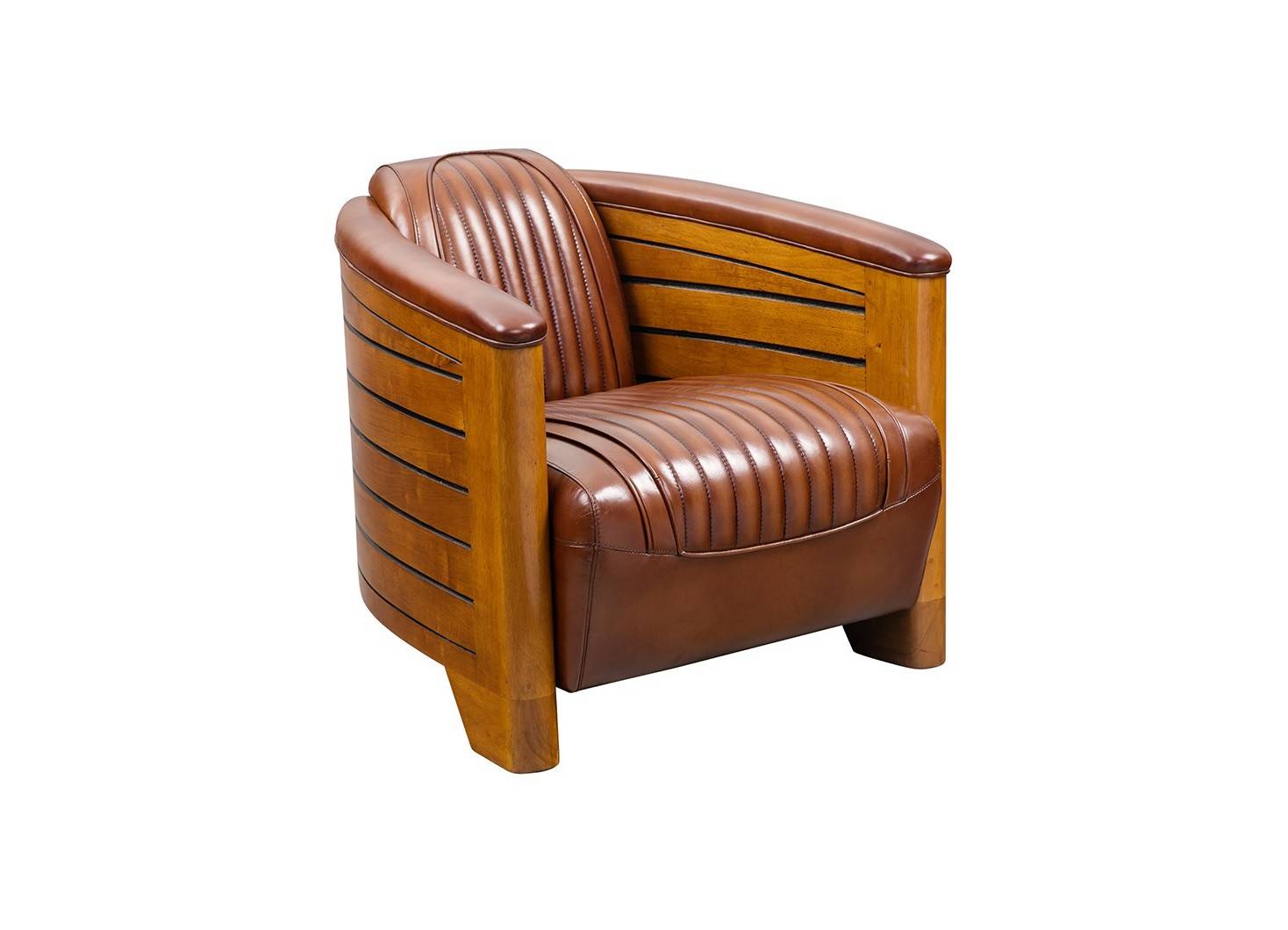 fauteuil club pirogue vintage - bois et cuir