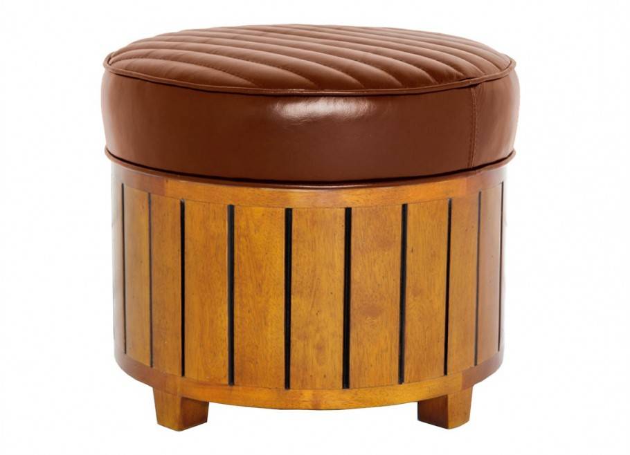 Canoë round footstool - Brown leather