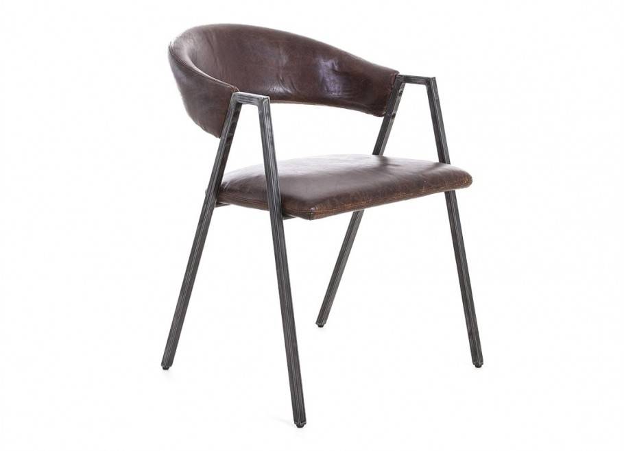 Chaise en cuir marron vintage et métal noir - L56 cm