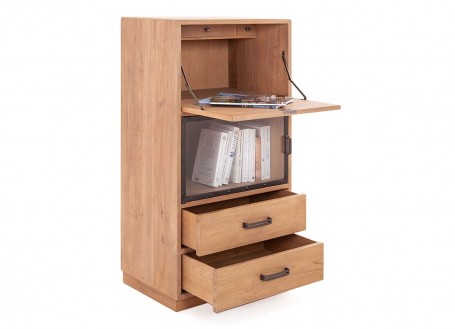 Bookcase Eiffel with secretary, natural finish, 1 door / 2 drawers