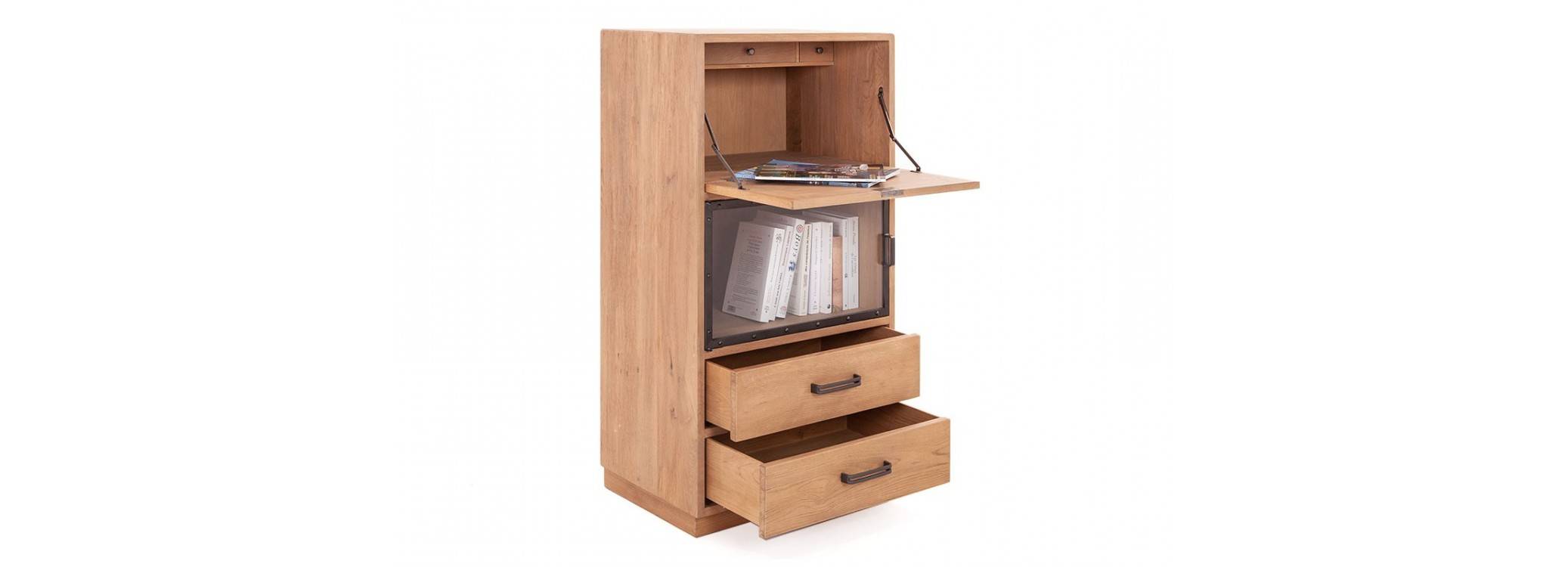 Bookcase Eiffel with secretary, natural finish, 1 door / 2 drawers