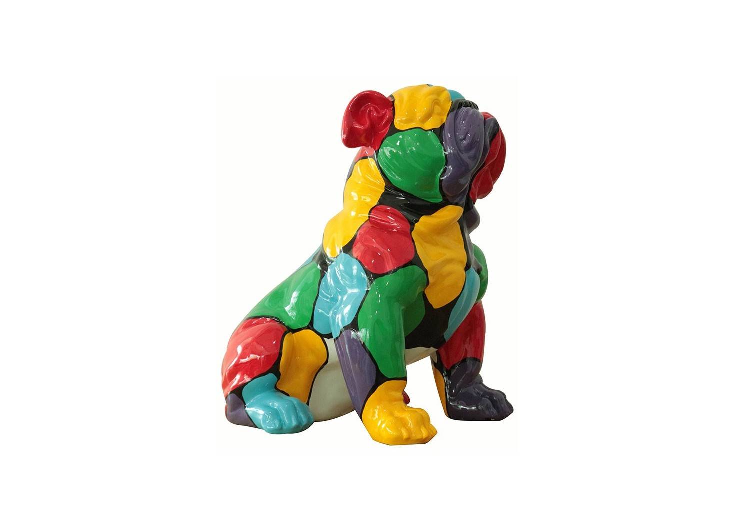 Statue Bulldog assis. Patchwork couleurs -H45cm