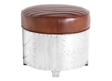 Aviator round Ottoman - Brown leather