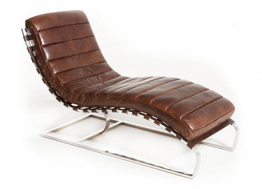 Chaise longue lounge en cuir marron et inox