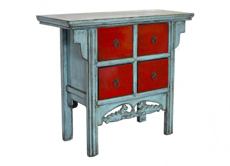 Petit meuble Chinois rouge & bleu - 4 tiroirs