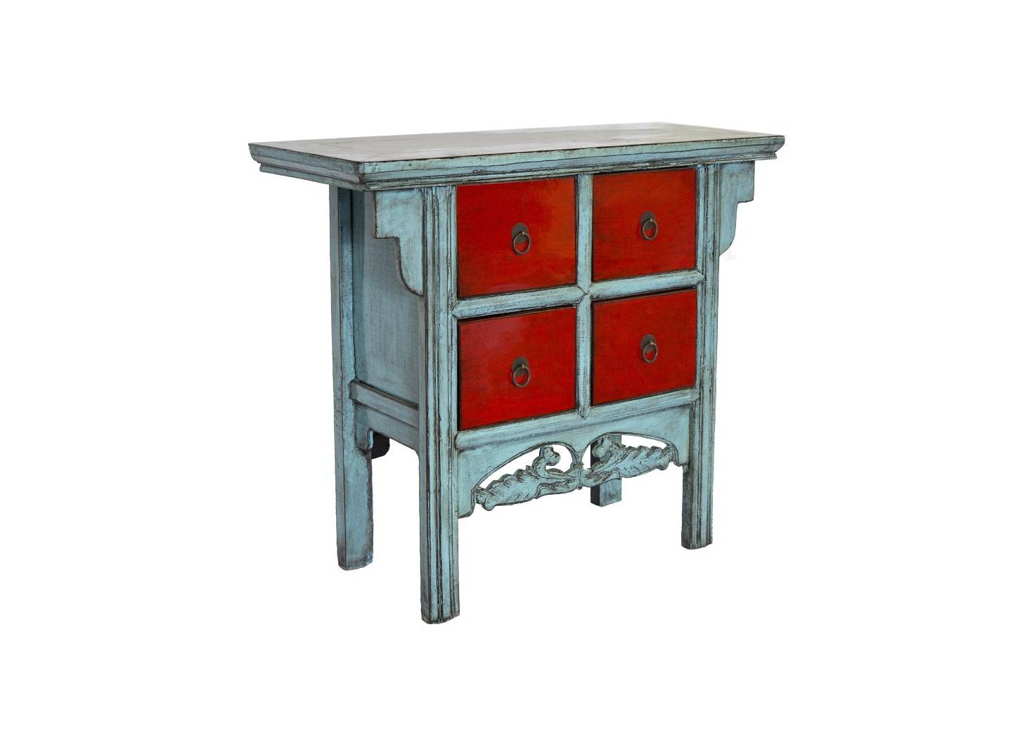 Petit meuble Chinois rouge & bleu - 4 tiroirs