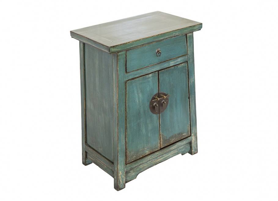 Petit meuble trapèze Chinois bleu vert - 2 portes / 1 tiroir