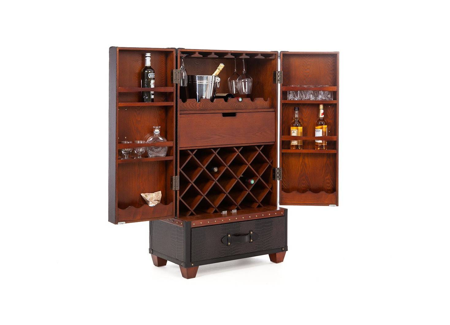 Meuble bar / malle à vins et liqueurs Cap Horn - Façon croco marron