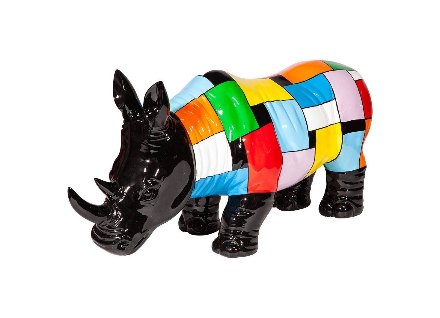 Statue de rhinocéros noir, habillé de motifs multicolores