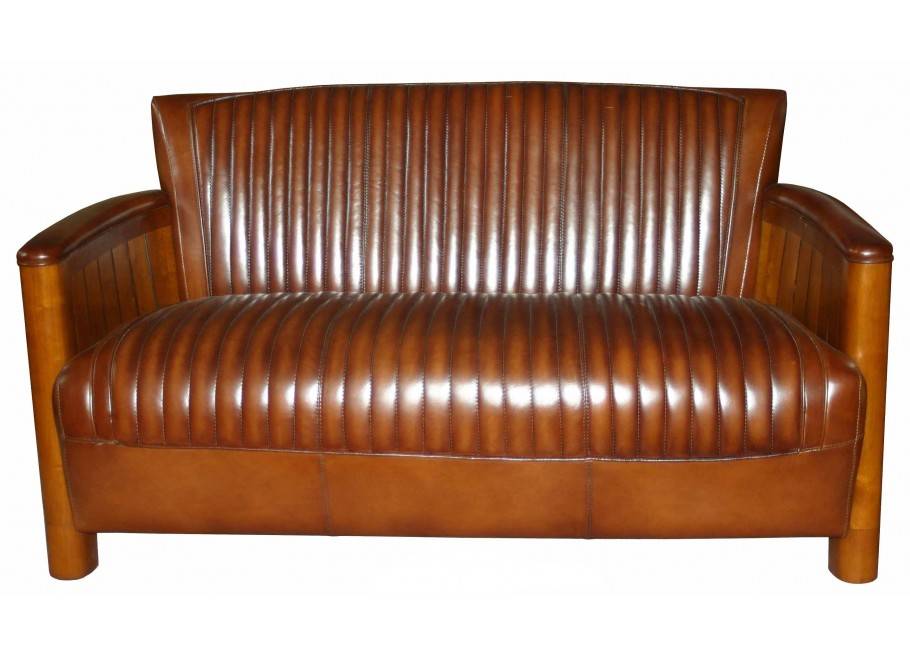 Sofa club nautical style wood and brown leather