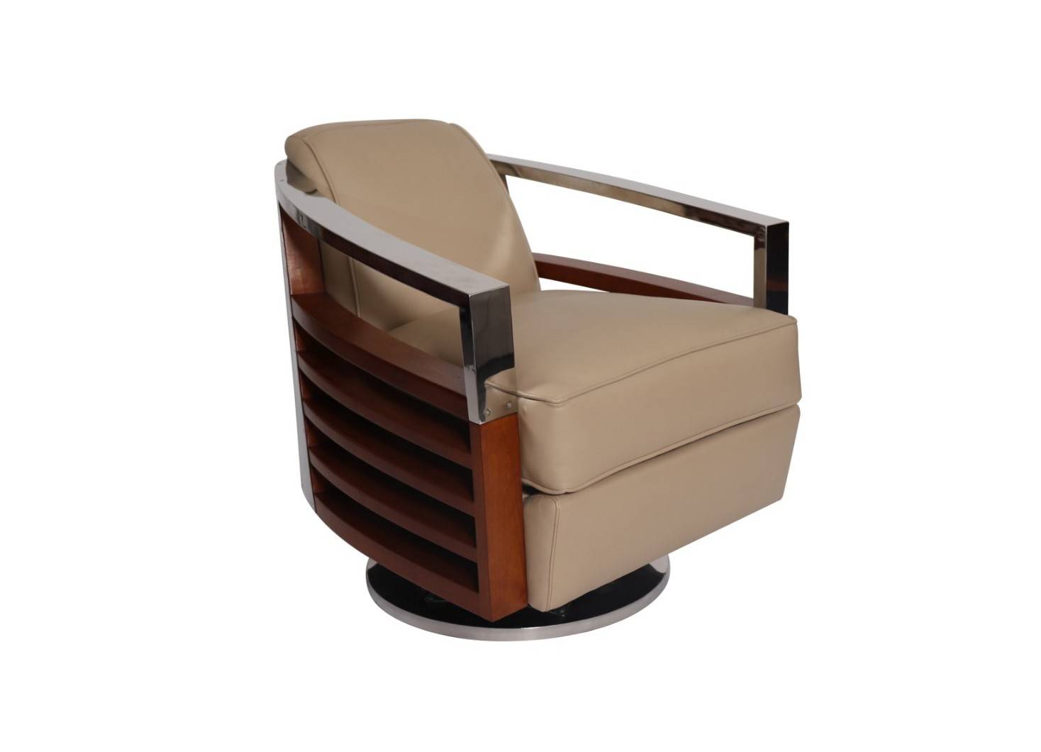 Fauteuil club pivotant Madisson cuir ecru finition noyer