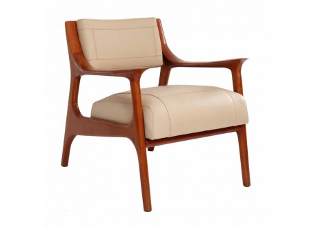 Berfen armchair in beige leather - brown wood