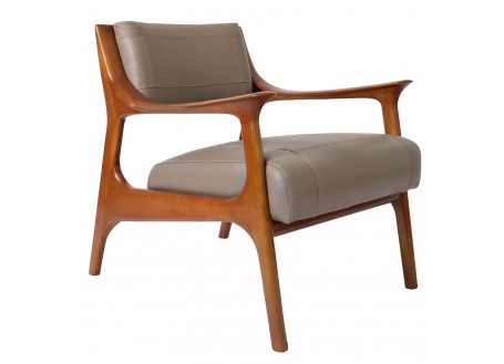 Berfen armchair in taupe leather - brown wood