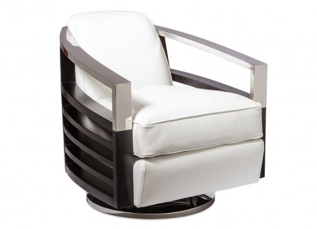 Madison swivel armchair - White leather and dark wood