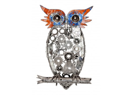 Owl sculpture in motorbike parts