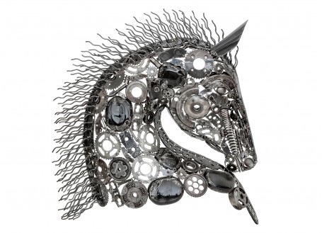 Horse head sculpture in motorbike parts