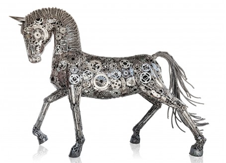 Sculpture of a horse from motorbike parts