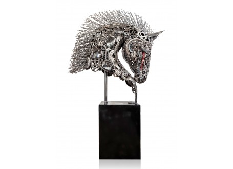 Metal sculpture of a horse's head made from motorbike parts